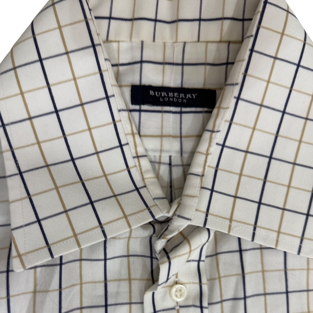 Burberry London Mens Check Button Down Shirt White Navy Tan USA Made 16.5 L